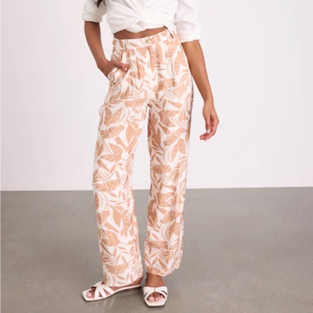 NWT Lulus Dominica Ivory and Tan Tropical Print Wide-Leg Pants XS